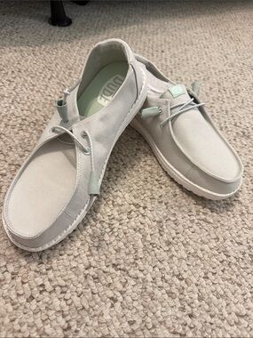 Hey Dude Lightweight Slip-On Loafers in Light Gray with Mint Accents